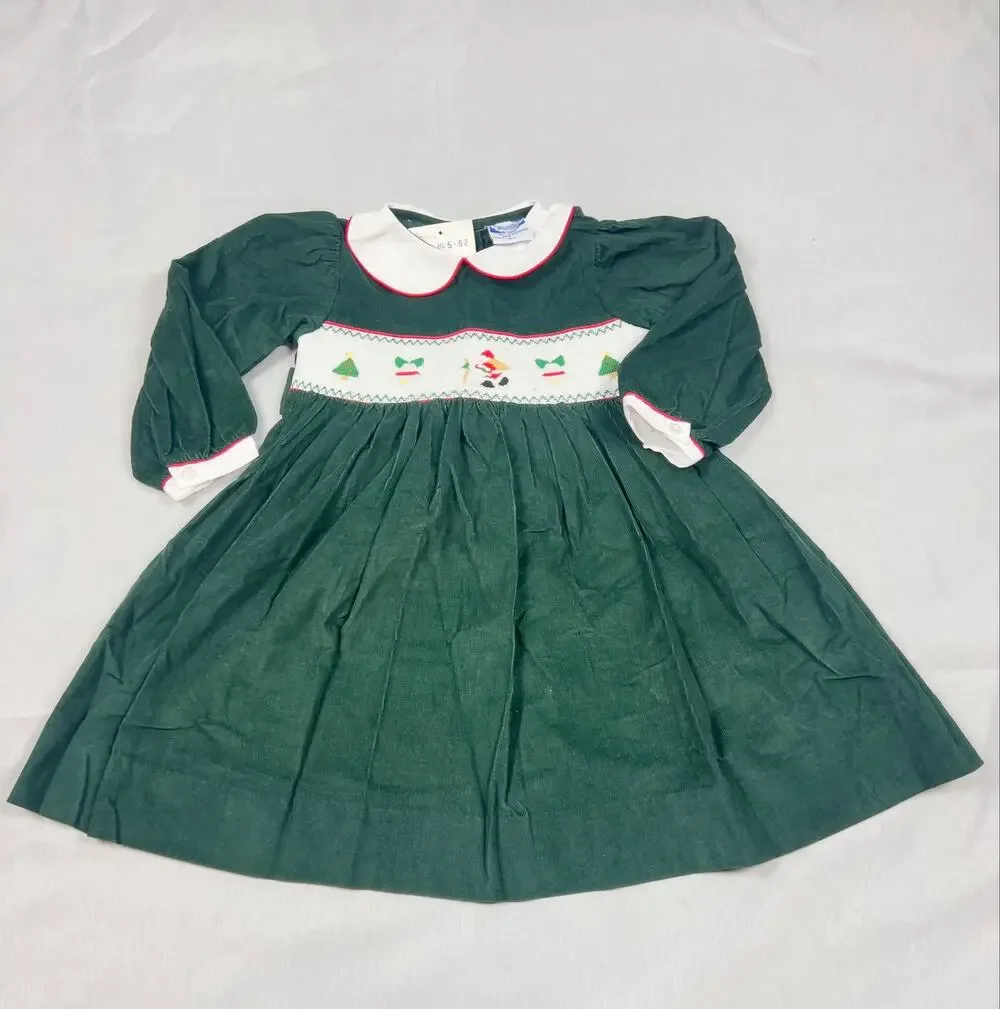 Vintage NWT Carriage Boutiques 2T Green Christmas Smocked Corduroy Dress Santa